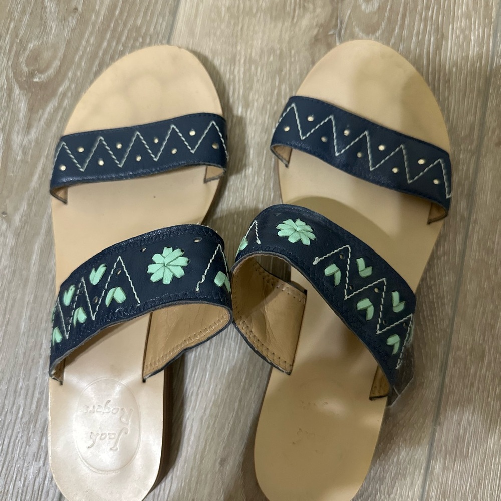 Embroidered Navy and Green Sandals